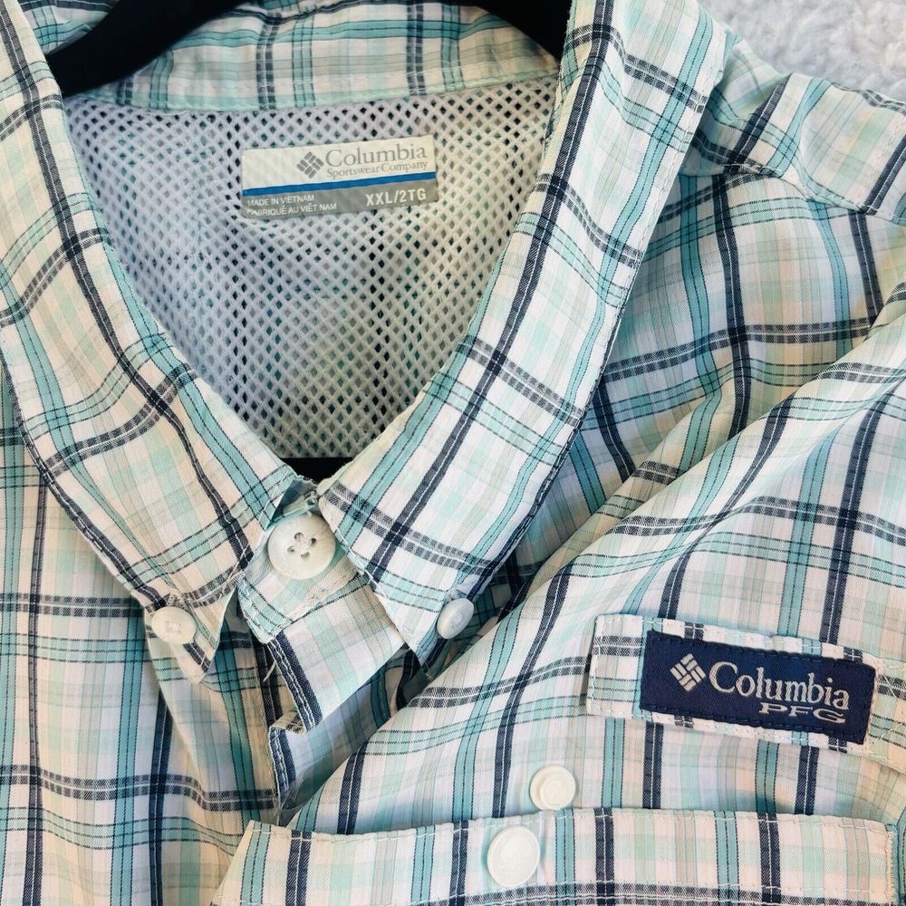 Columbia‎ PFG Fishing Shirt Vented XXL Omni Shade Vented Plaid White Turquoise
